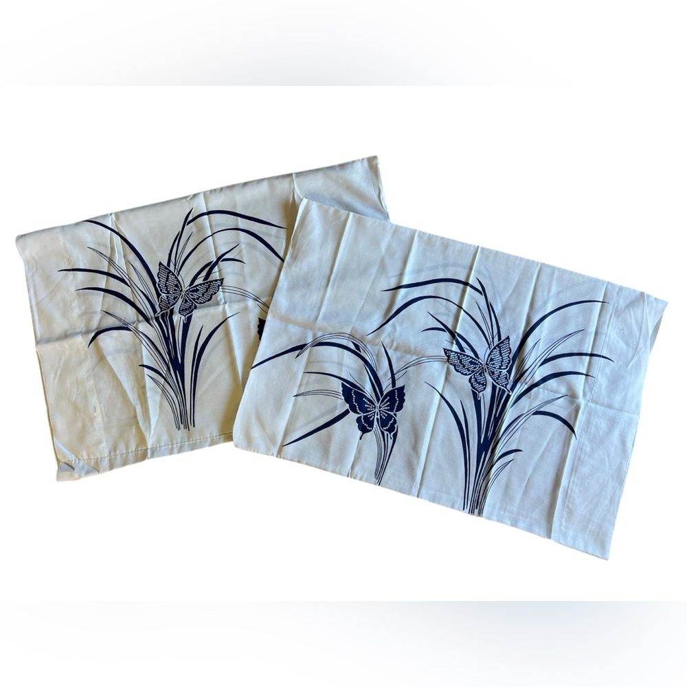 VTG (2) Burlington Blue Butterflies On White Boho Standard/ Queen Pillow Cases